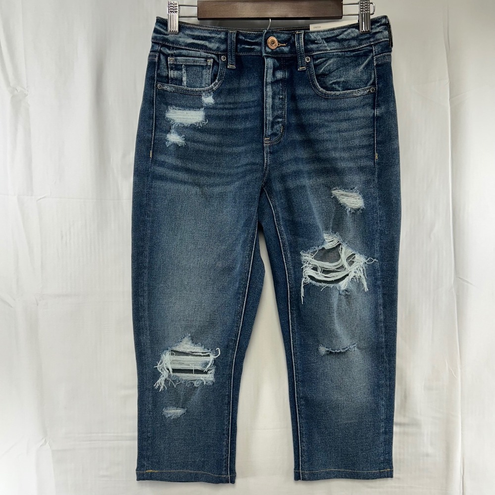 American Eagle Tomgirl Jeans Womens 2 Blue Distressed Cropped Button Fly Stretch